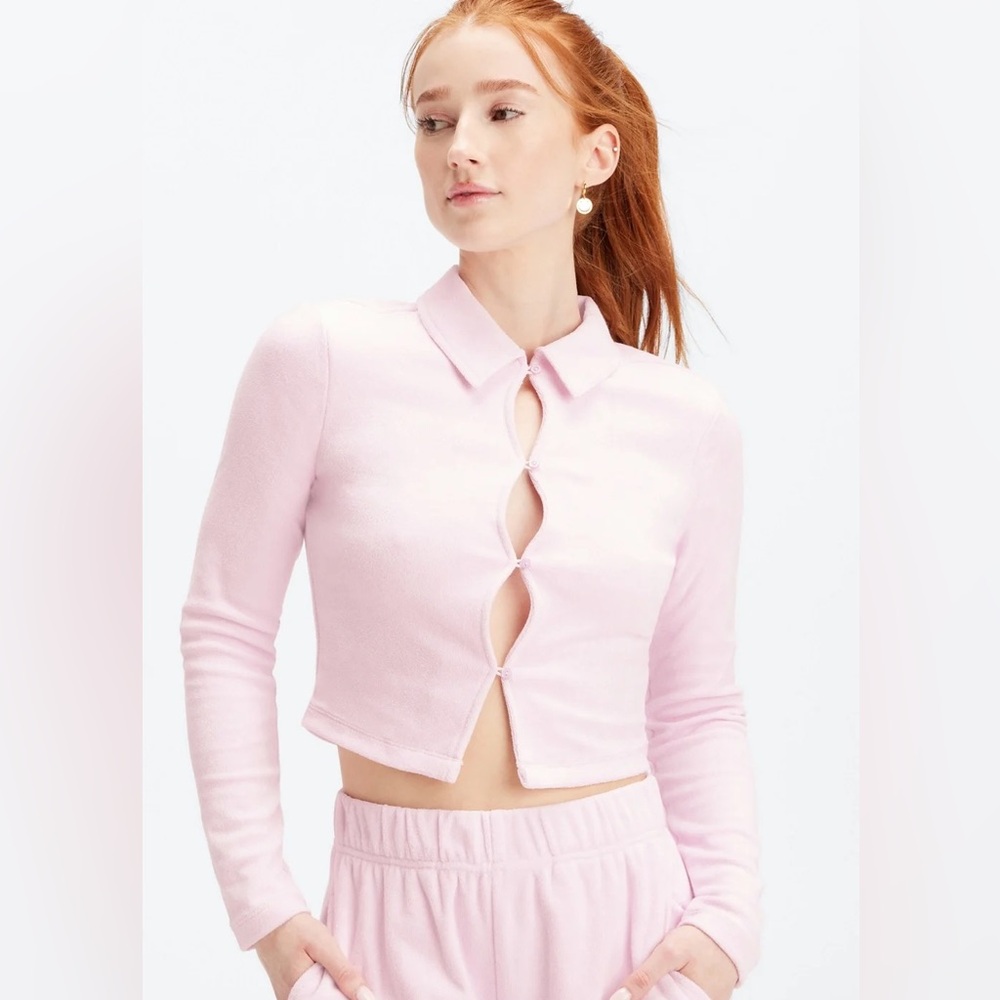 Fabletics Large Terry Cloth Button Down Collared‎ Cropped Shirt
